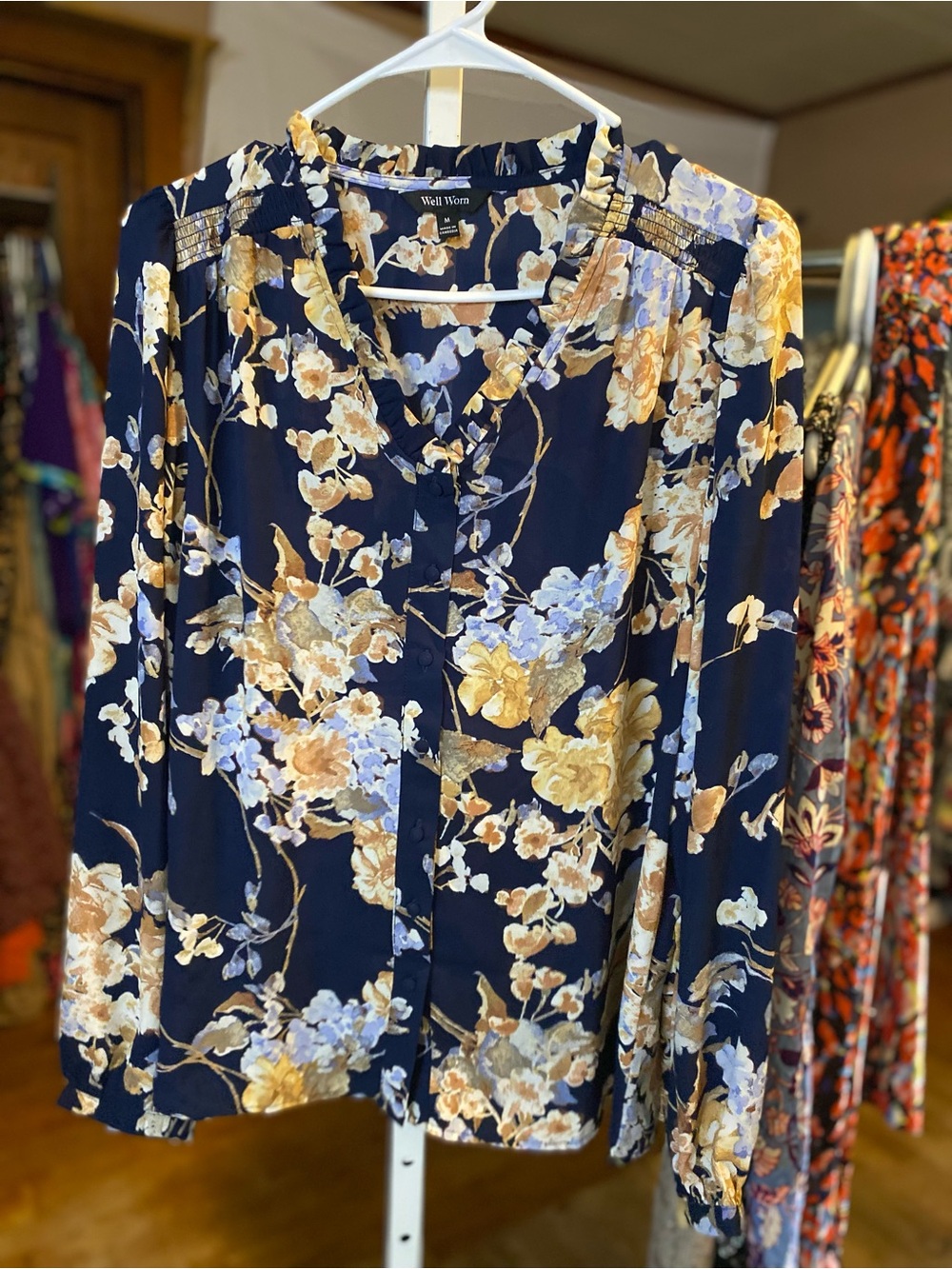 Well Worn Navy Floral Button-Up Blouse with Gold and Light Blue Accents